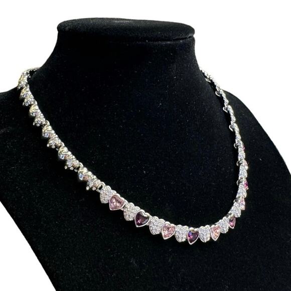 Swarovski Signed Heart Choker Necklace, Pink and Purple Stones, Rhodium Plated - Picture 6 of 8